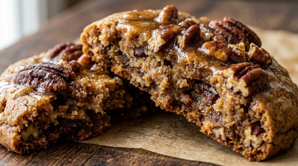 Ultra close-up macro of a thick soft bakery-style maple pecan cookie broken showing chewy buttery crumb and maple glaze