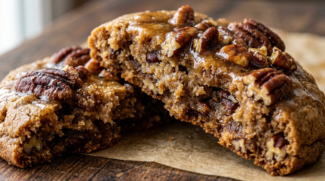 Ultra close-up macro of a thick soft bakery-style maple pecan cookie broken showing chewy buttery crumb and maple glaze