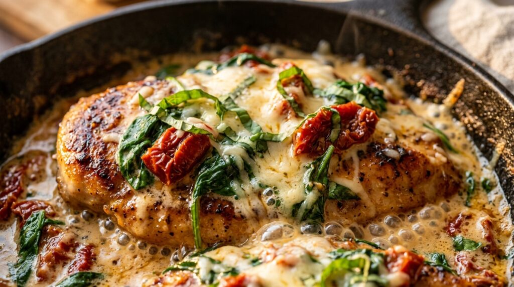 Ultra close-up macro tender golden seared chicken cutlet smothered in rich creamy sun-dried tomato sauce with wilted spinach and parmesan