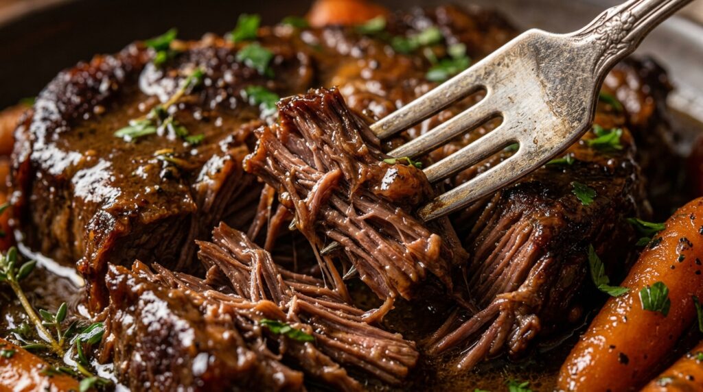 Ultra close-up macro antique silver fork pulling apart fall-apart tender juicy braised beef chuck roast glistening in rich brown au jus gravy with carrots