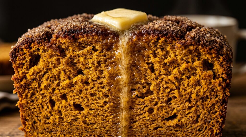 Ultra close-up macro slice of moist bakery-style pumpkin bread with sparkling turbinado sugar crust and melting butter