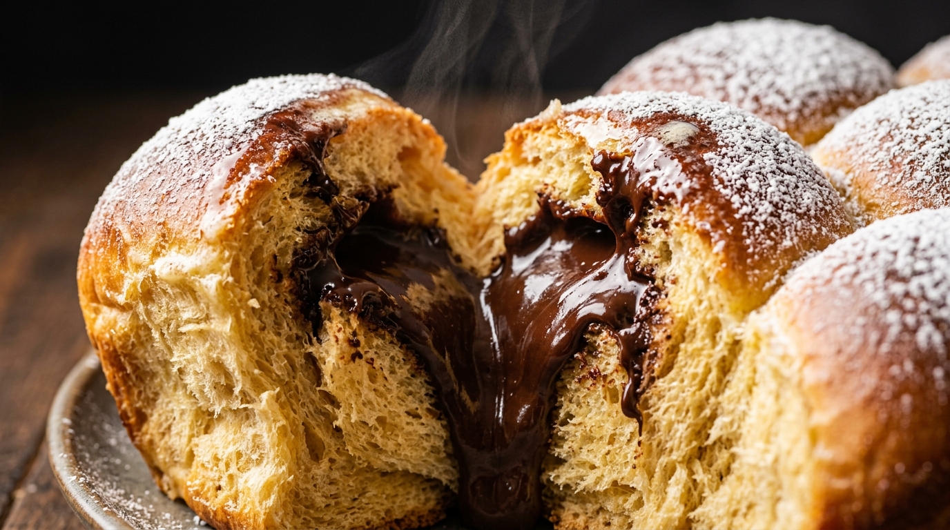 Ultra close-up macro of warm golden-brown pull-apart chocolate brioche rolls split open overflowing with rich decadent molten dark chocolate ganache