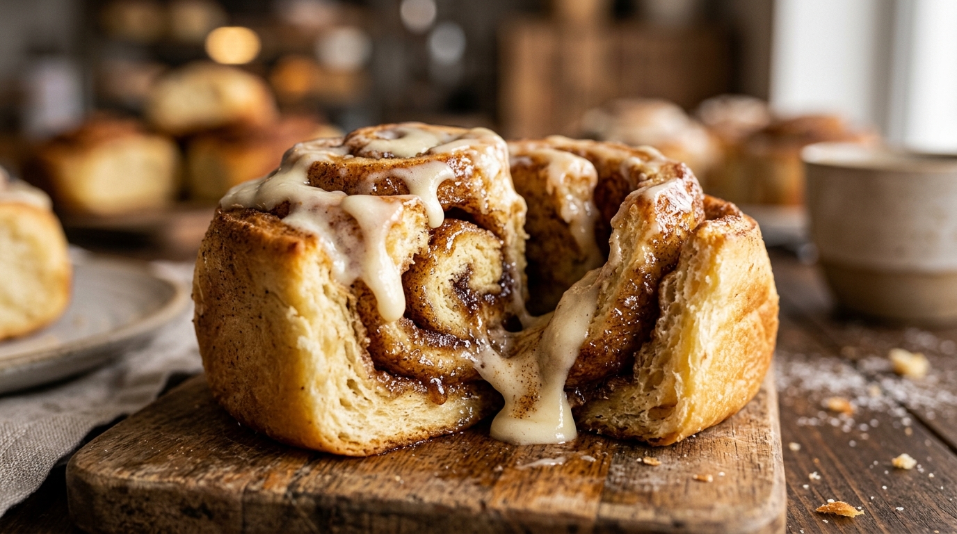 Ultra close-up macro of warm fluffy overnight cinnamon roll dripping with melting cream cheese icing and golden cinnamon swirls