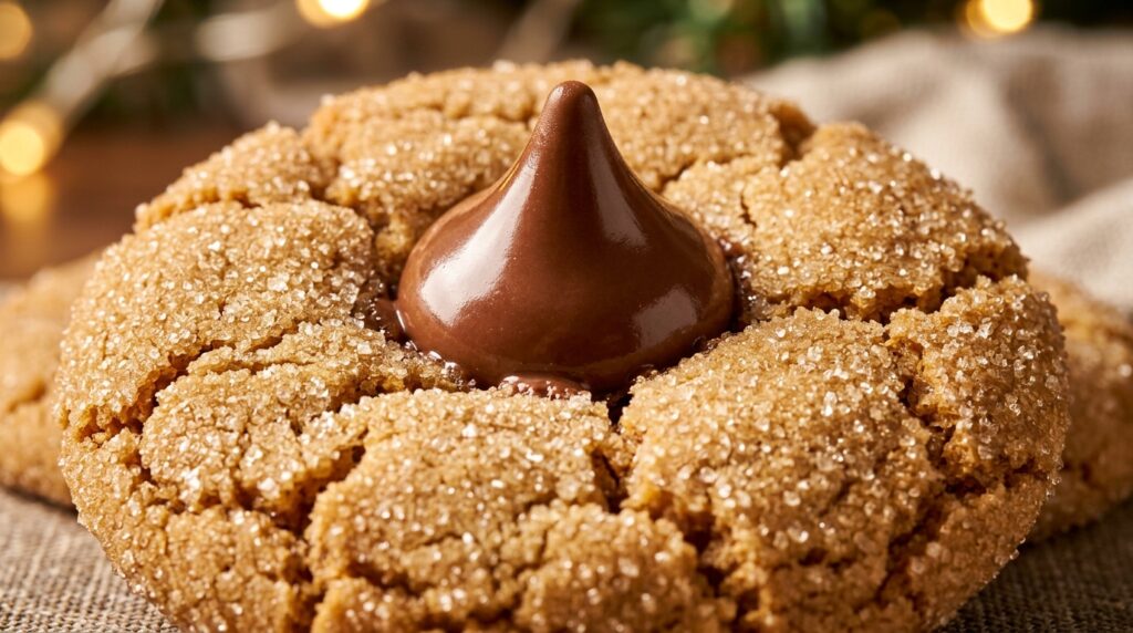 Ultra close-up macro warm soft peanut butter blossom cookie with chocolate kiss in crackled center
