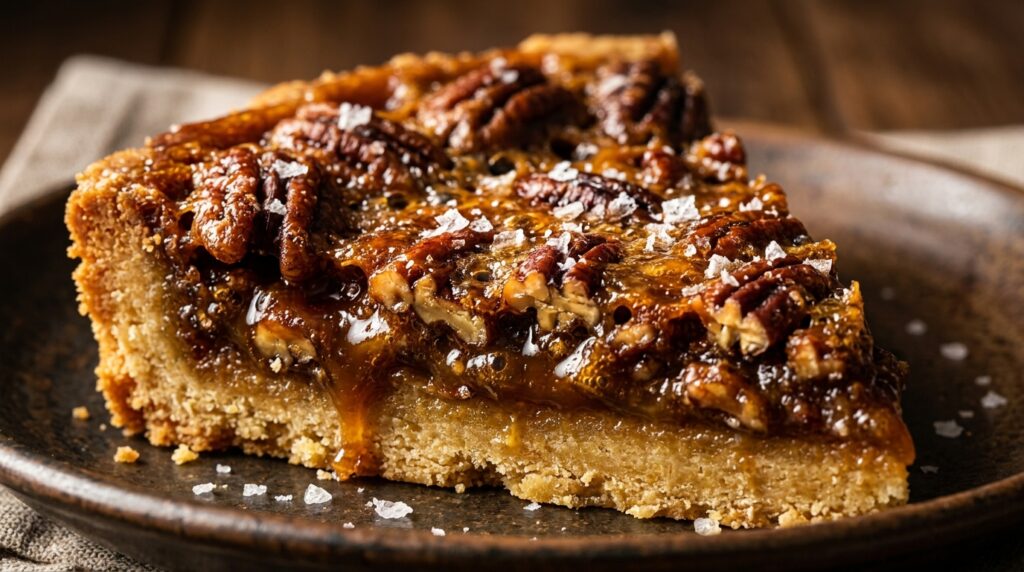 Ultra close-up macro sliced pecan pie bar with gooey caramelized brown sugar pecan topping and crisp shortbread crust