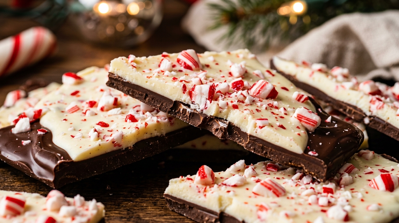 Ultra close-up macro homemade layered peppermint bark with dark chocolate, creamy white chocolate, and crushed candy canes