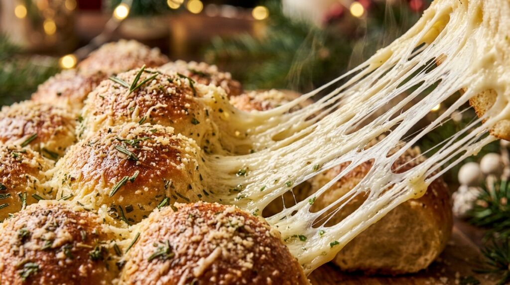 Ultra close-up macro cheesy cheese pull from warm golden garlic herb Christmas tree bread