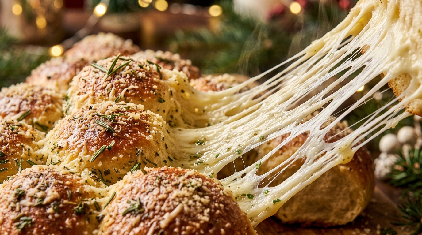 Ultra close-up macro cheesy cheese pull from warm golden garlic herb Christmas tree bread