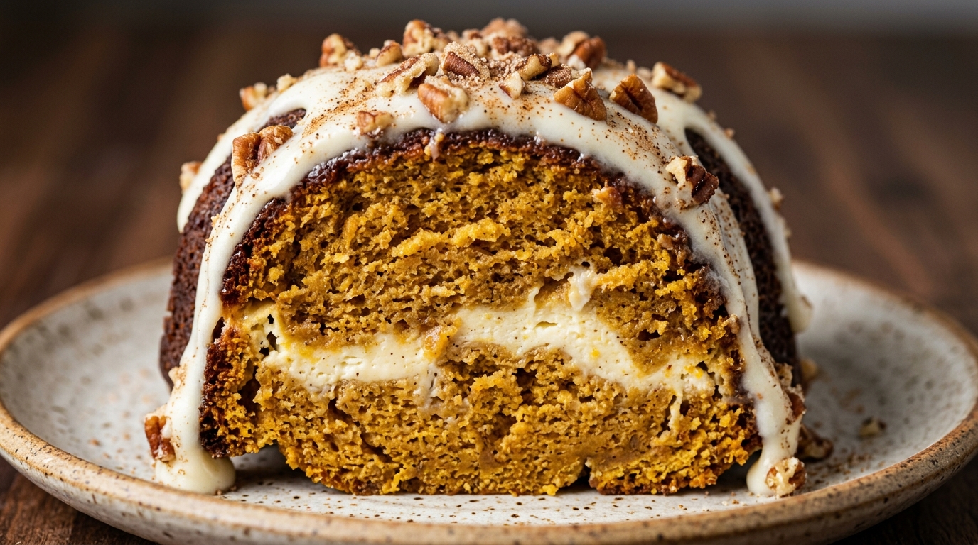 Ultra close-up macro of a slice of moist spiced pumpkin bundt cake with luscious cream cheese swirl and cascading vanilla maple glaze
