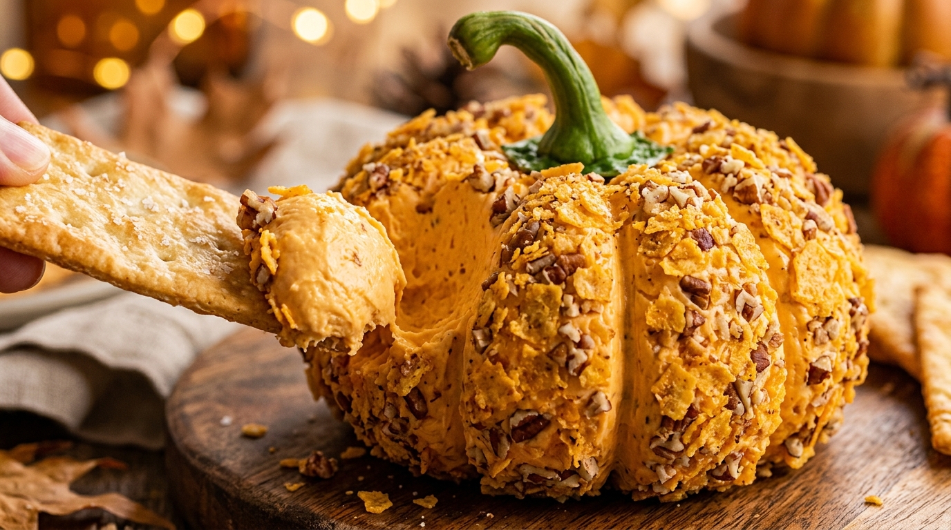 Ultra close-up macro of festive pumpkin-shaped cheese ball with deep ridges, bell pepper stem, and crackers