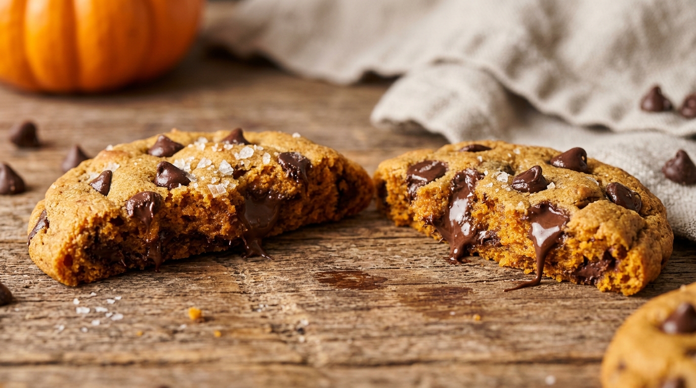 Ultra close-up macro of soft-baked pumpkin chocolate chip cookie broken open with gooey melted dark chocolate and flaky sea salt