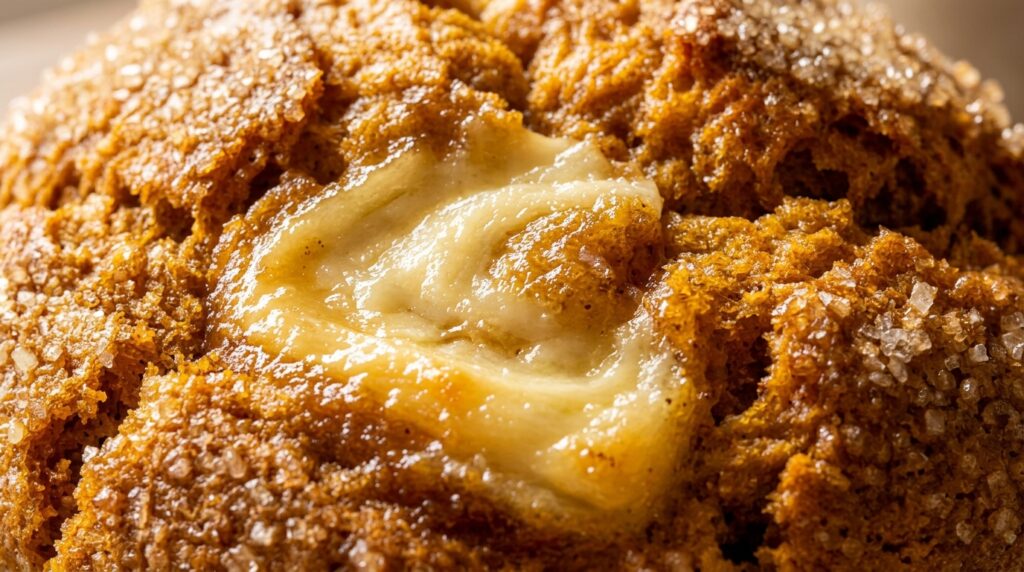 Ultra close-up macro warm bakery-style pumpkin cream cheese swirl muffin with glossy cheesecake center and coarse sugar crystals