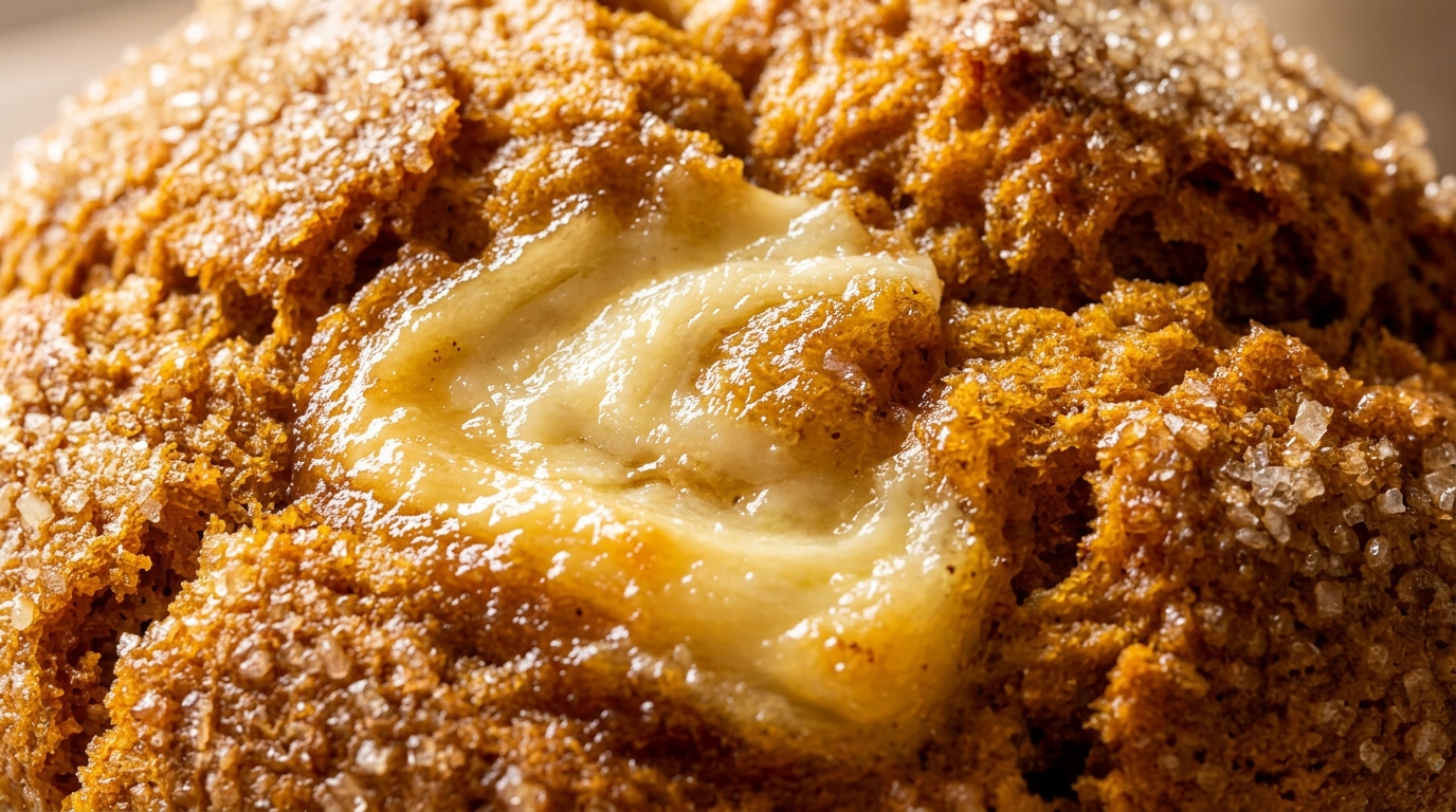 Ultra close-up macro warm bakery-style pumpkin cream cheese swirl muffin with glossy cheesecake center and coarse sugar crystals