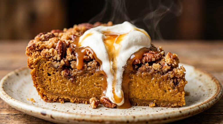 Ultra close-up macro of a slice of warm pumpkin dump cake showing creamy pumpkin custard and crunchy buttery pecan cake topping