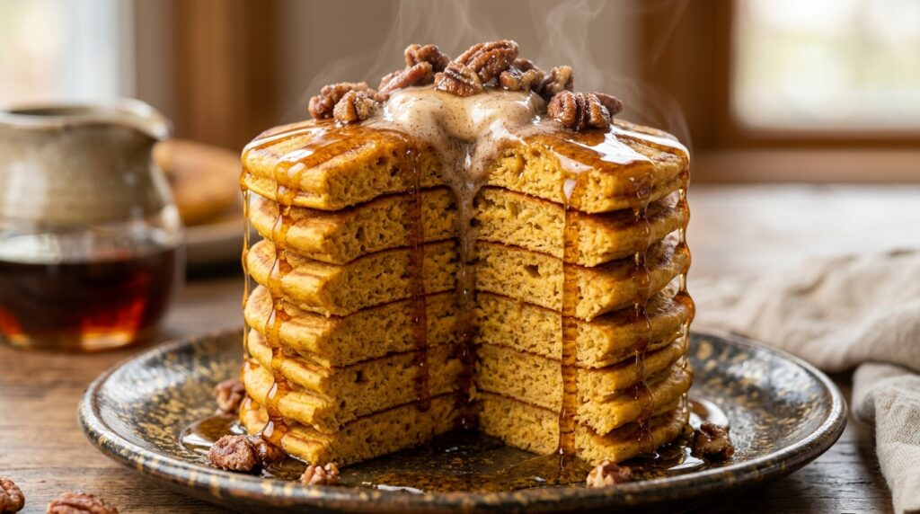 Ultra close-up macro of towering stack of fluffy spiced pumpkin pancakes with melting maple butter and syrup