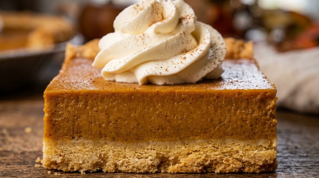 Ultra close-up macro of a slice of spiced pumpkin pie bar cut clean showing buttery shortbread crust and silky pumpkin custard