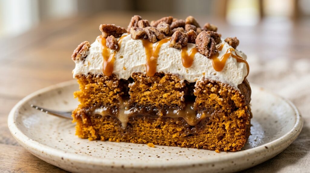 Ultra close-up macro of a slice of pumpkin poke cake showing vertical holes filled with sweetened condensed milk and caramel, topped with fluffy spiced whipped cream and pecans