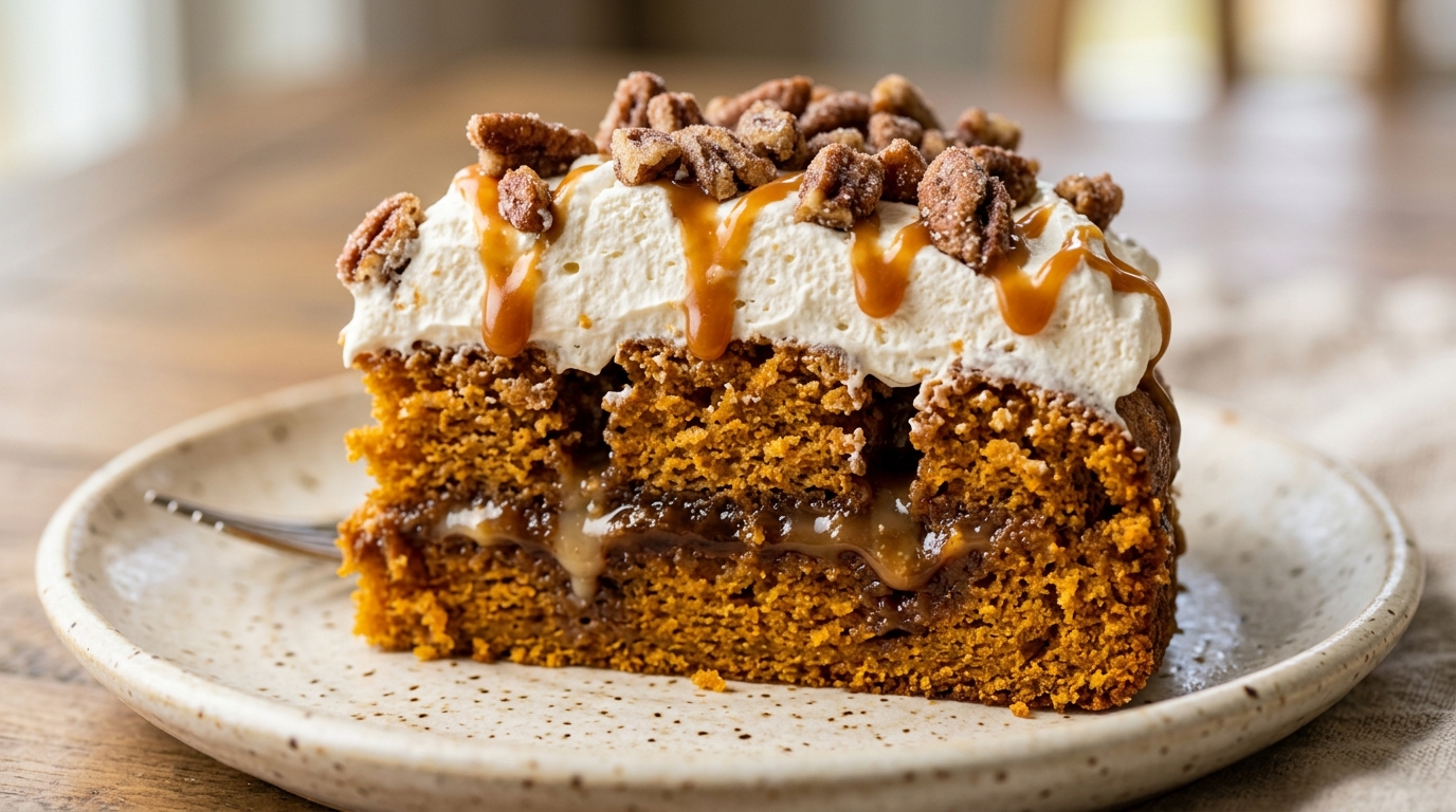 Ultra close-up macro of a slice of pumpkin poke cake showing vertical holes filled with sweetened condensed milk and caramel, topped with fluffy spiced whipped cream and pecans