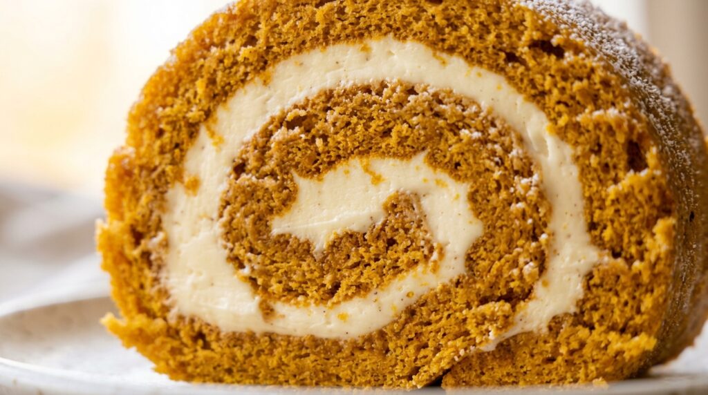 Ultra close-up macro neat sliced swirl of spiced pumpkin roll cake with velvety cream cheese filling and powdered sugar dusting