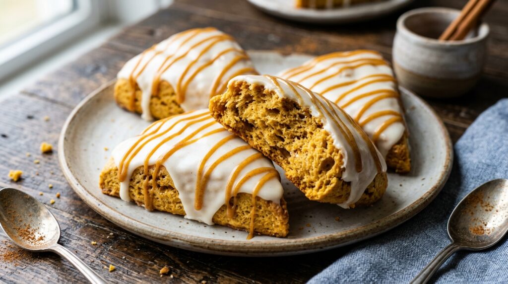 Ultra close-up macro of bakery-style glazed pumpkin scones with spiced double glaze