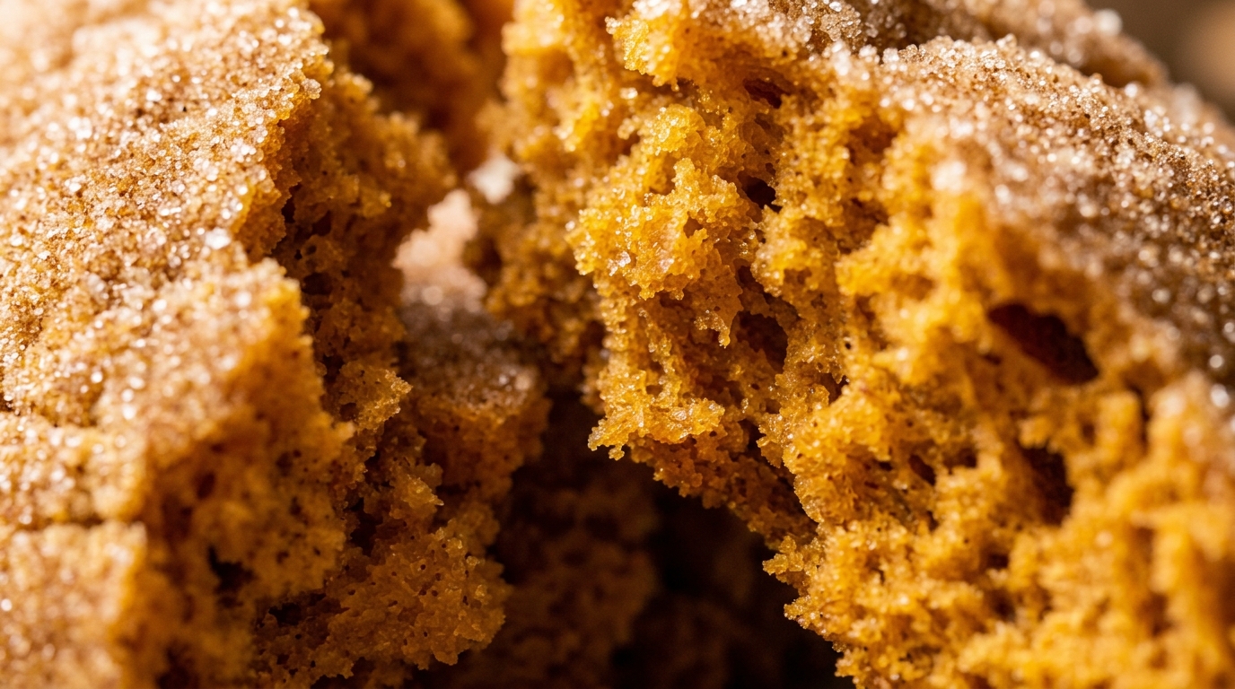 Ultra close-up macro soft pumpkin snickerdoodle cookie broken in half showing tender orange spiced crumb and sparkling cinnamon sugar coating