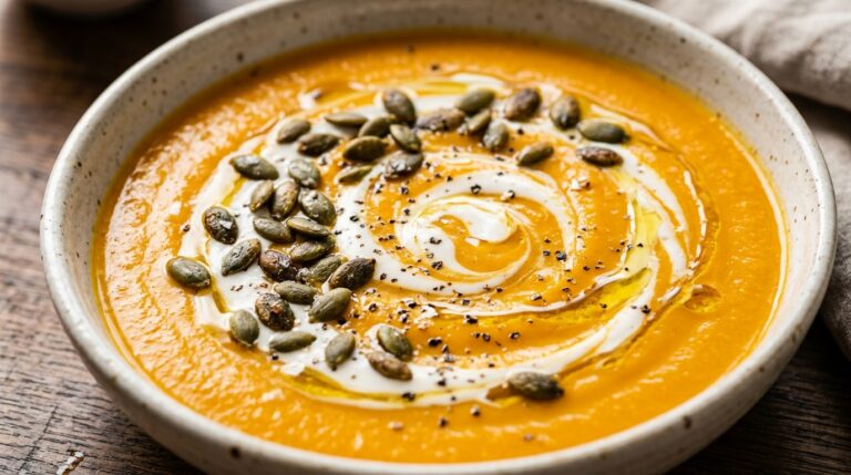 Ultra close-up macro of velvety creamy roasted pumpkin soup swirled with coconut cream and toasted pepitas