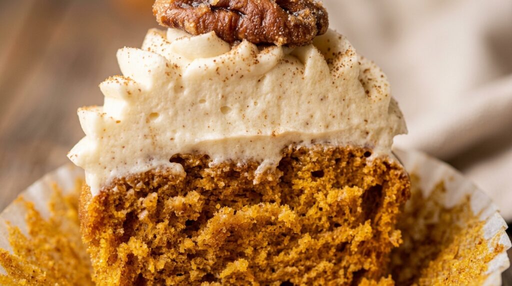 Ultra close-up macro of a moist spiced pumpkin cupcake cut showing fluffy orange crumb topped with velvety cream cheese frosting swirl