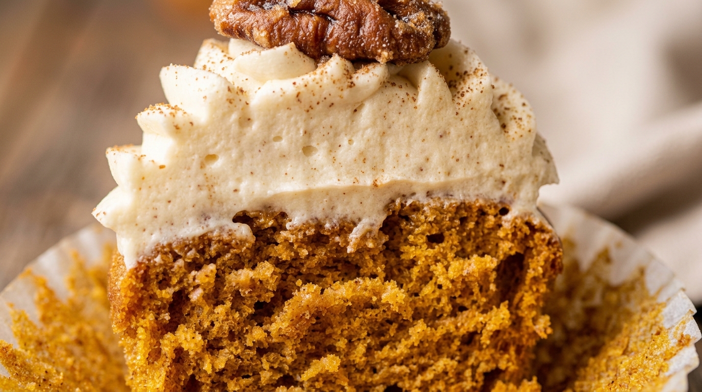 Ultra close-up macro of a moist spiced pumpkin cupcake cut showing fluffy orange crumb topped with velvety cream cheese frosting swirl
