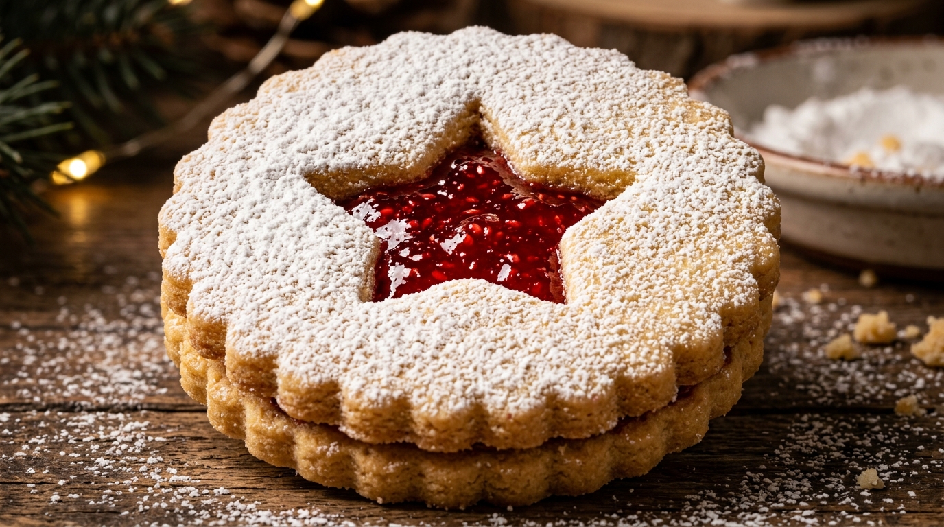 Ultra close-up macro powdered sugar dusted almond Linzer sandwich cookie with star cutout and glistening raspberry jam center