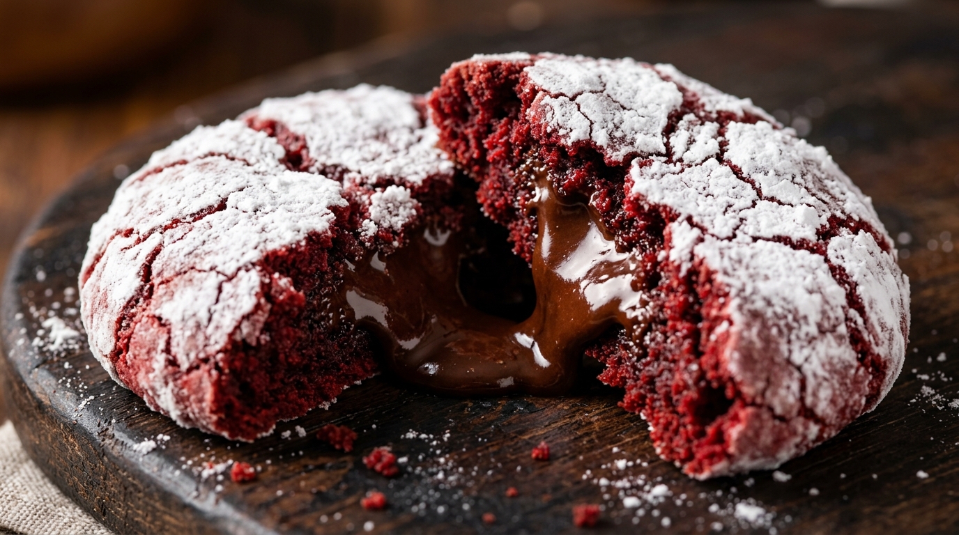 Ultra close-up macro fudgy red velvet crinkle cookie broken in half showing molten center and crackled sugar exterior