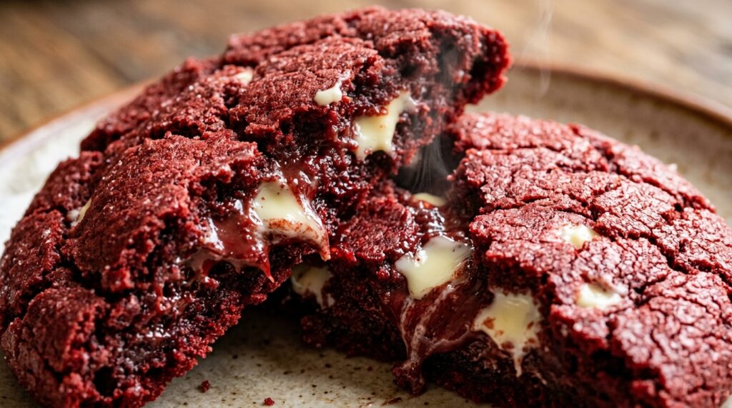 Ultra close-up macro of thick warm bakery red velvet cookie broken in half with fudgy chewy center and melted white chocolate chips