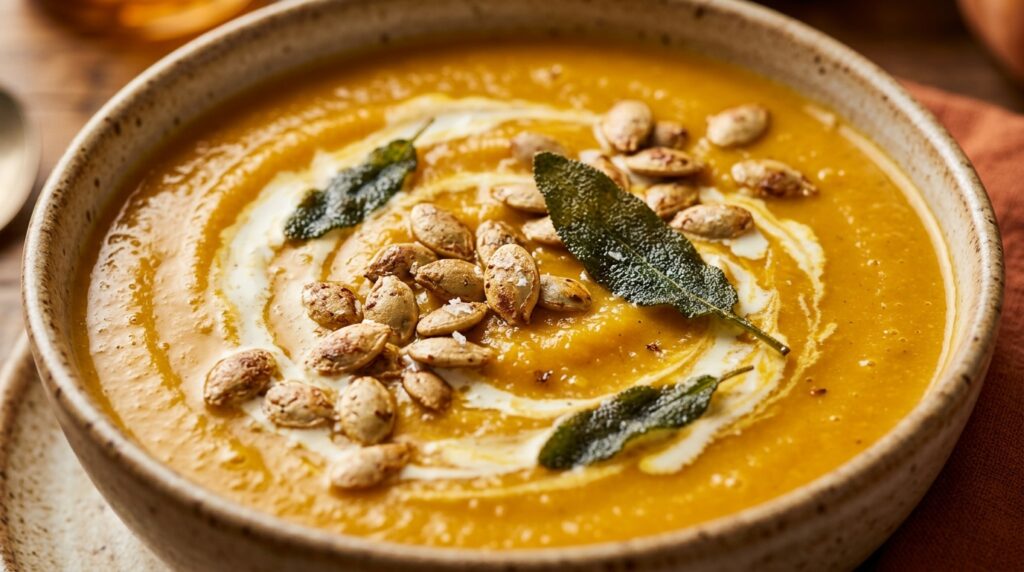 Ultra close-up macro velvety golden-orange roasted butternut squash soup swirled with cream toasted pepitas and crispy sage leaves