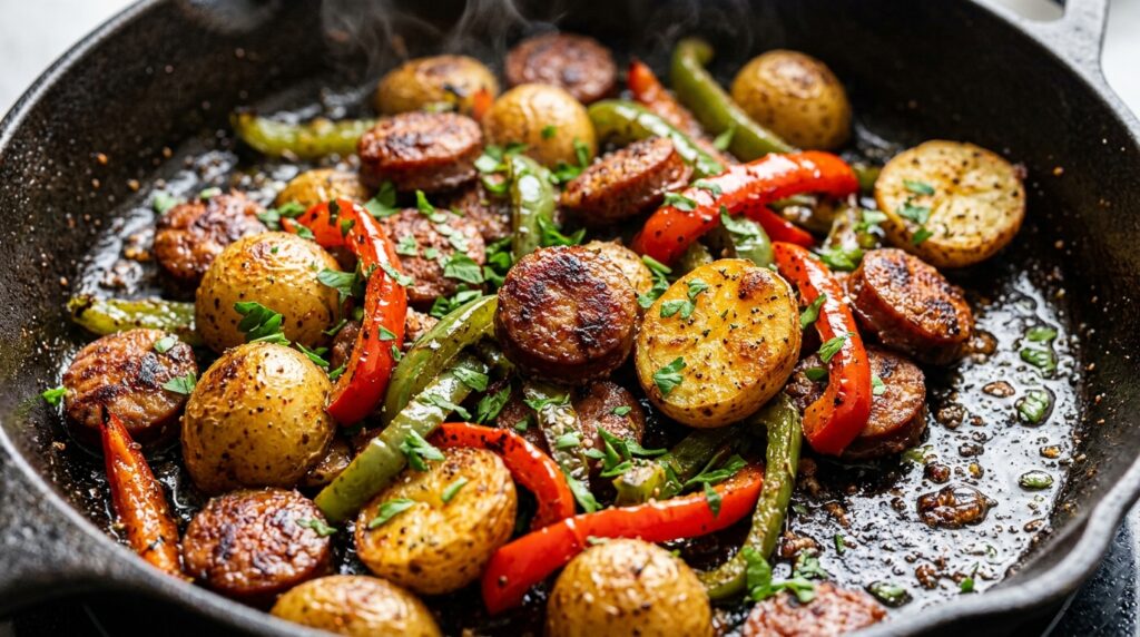 Ultra close-up macro cast iron skillet with caramelized sliced halal beef smoked sausage crispy golden baby potatoes and blistered bell peppers