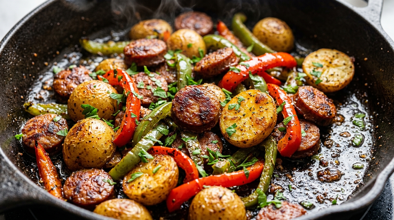 Ultra close-up macro cast iron skillet with caramelized sliced halal beef smoked sausage crispy golden baby potatoes and blistered bell peppers