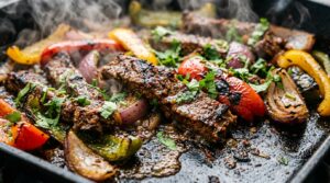 Ultra close-up macro of sizzling caramelized halal flank steak strips nestled among blistered charred bell peppers and red onions on a sheet pan
