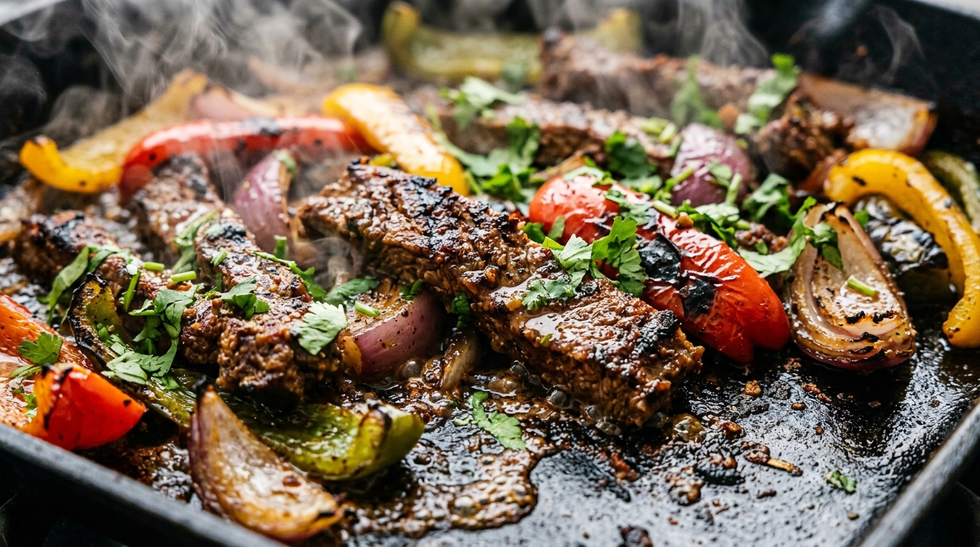 Ultra close-up macro of sizzling caramelized halal flank steak strips nestled among blistered charred bell peppers and red onions on a sheet pan