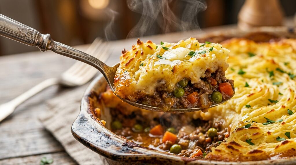 Ultra close-up macro spoon lifting a steaming portion of halal shepherd's pie with bubbling beef lamb gravy under golden toasted cheddar mashed potato peaks