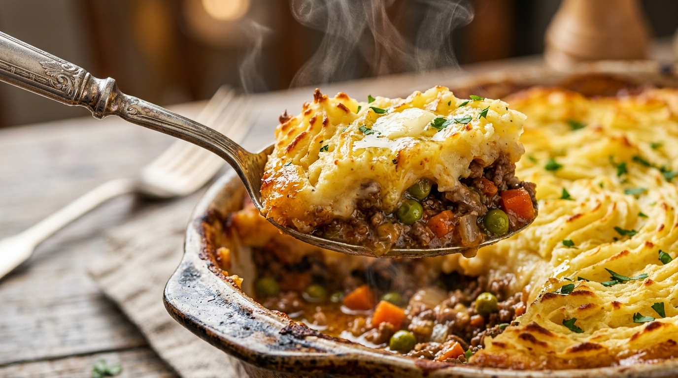 Ultra close-up macro spoon lifting a steaming portion of halal shepherd's pie with bubbling beef lamb gravy under golden toasted cheddar mashed potato peaks