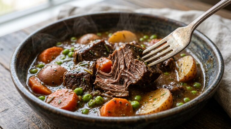 Ultra close-up macro of tender slow cooker halal beef stew with potatoes, carrots, and rich herb gravy