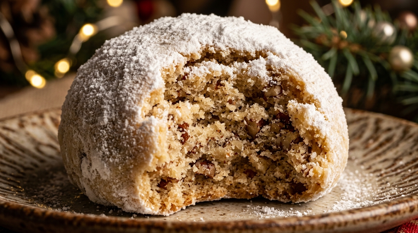 Ultra close-up macro powdery snowball cookie with bite taken out revealing tender buttery pecan shortbread interior