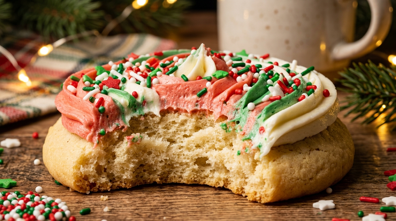 Ultra close-up macro soft thick frosted Christmas sugar cookie with buttercream swirl and holiday sprinkles
