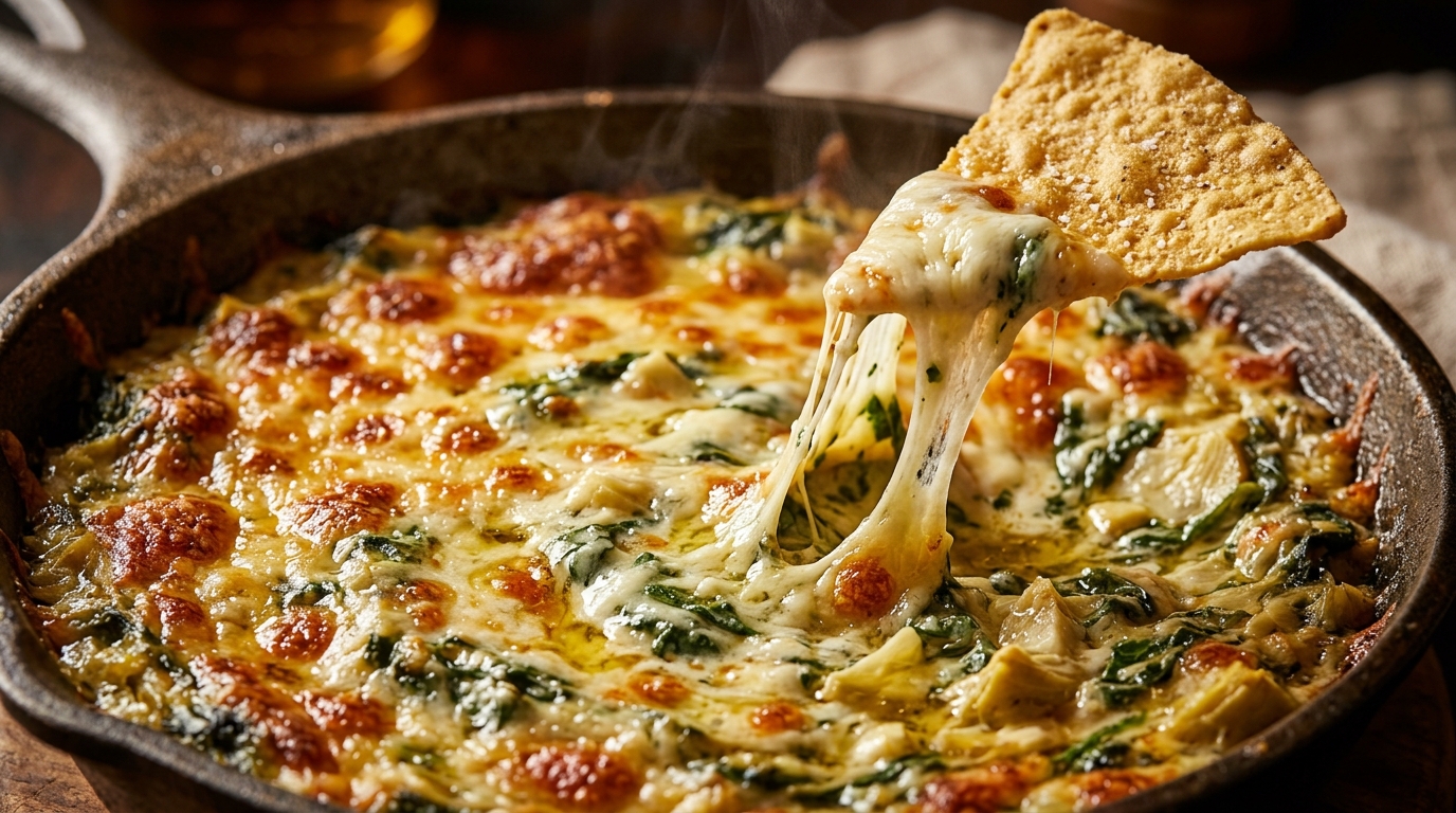 Ultra close-up macro bubbling hot spinach artichoke dip straight from the oven with elastic melted cheese pull