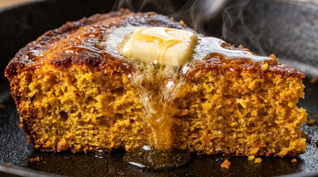 Ultra close-up macro of warm wedge of sweet potato cornbread with melting honey butter dripping down golden crumb