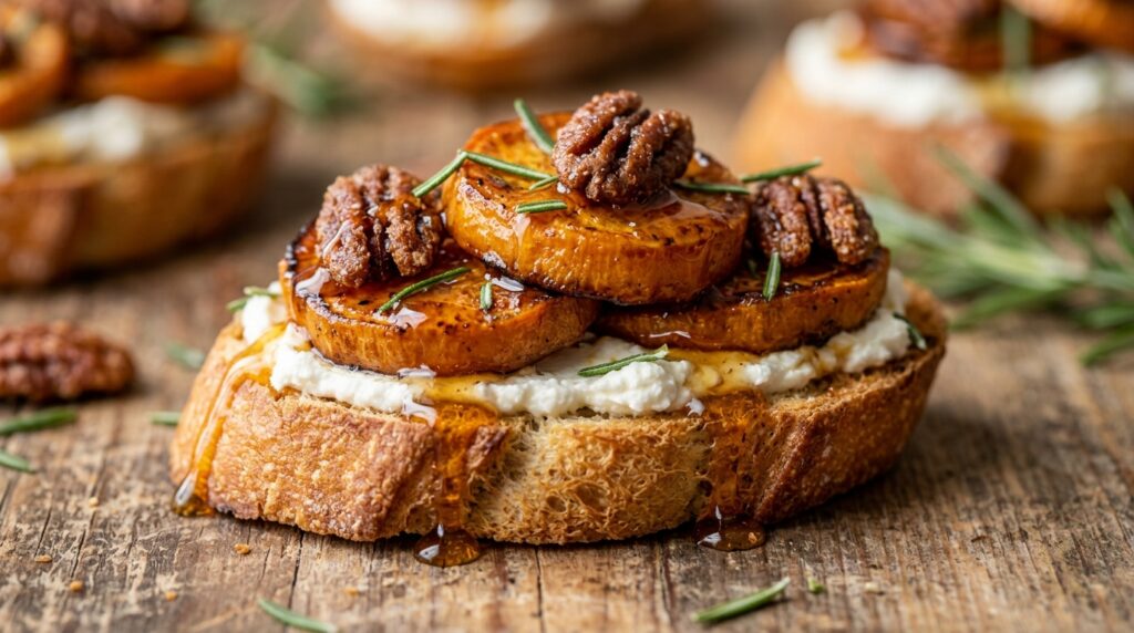 Ultra close-up macro of roasted rosemary sweet potato crostini on toasted baguette with whipped goat cheese, candied pecans, and glistening honey