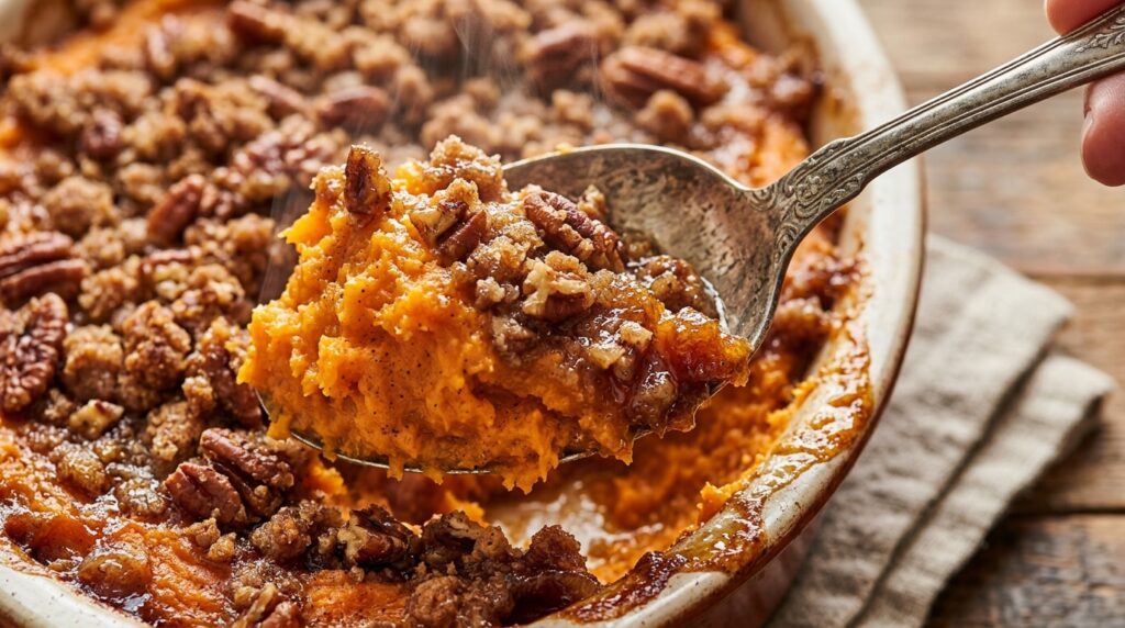 Ultra close-up macro spoon scooping warm baked sweet potato casserole with velvety spiced orange sweet potato puree and thick crunchy brown sugar pecan crumble