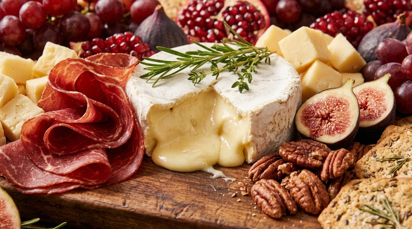 Ultra close-up macro of lavish Thanksgiving charcuterie board with artisan cheeses, grapes, figs, and halal cured meats