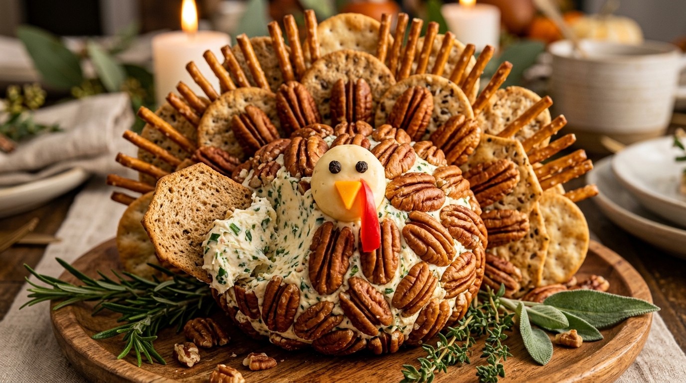 Ultra close-up macro of festive Thanksgiving turkey cheese ball centerpiece with pretzel and pecan tail feathers