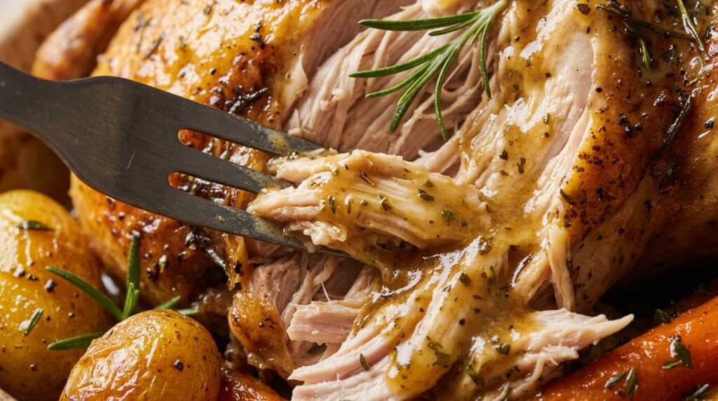 Ultra close-up macro of succulent fork-tender halal turkey pot roast glistening with herb gravy, roasted carrots, and potatoes