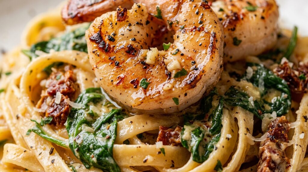 Ultra close-up macro of succulent jumbo garlic butter seared shrimp over creamy Tuscan fettuccine with spinach and sun-dried tomatoes