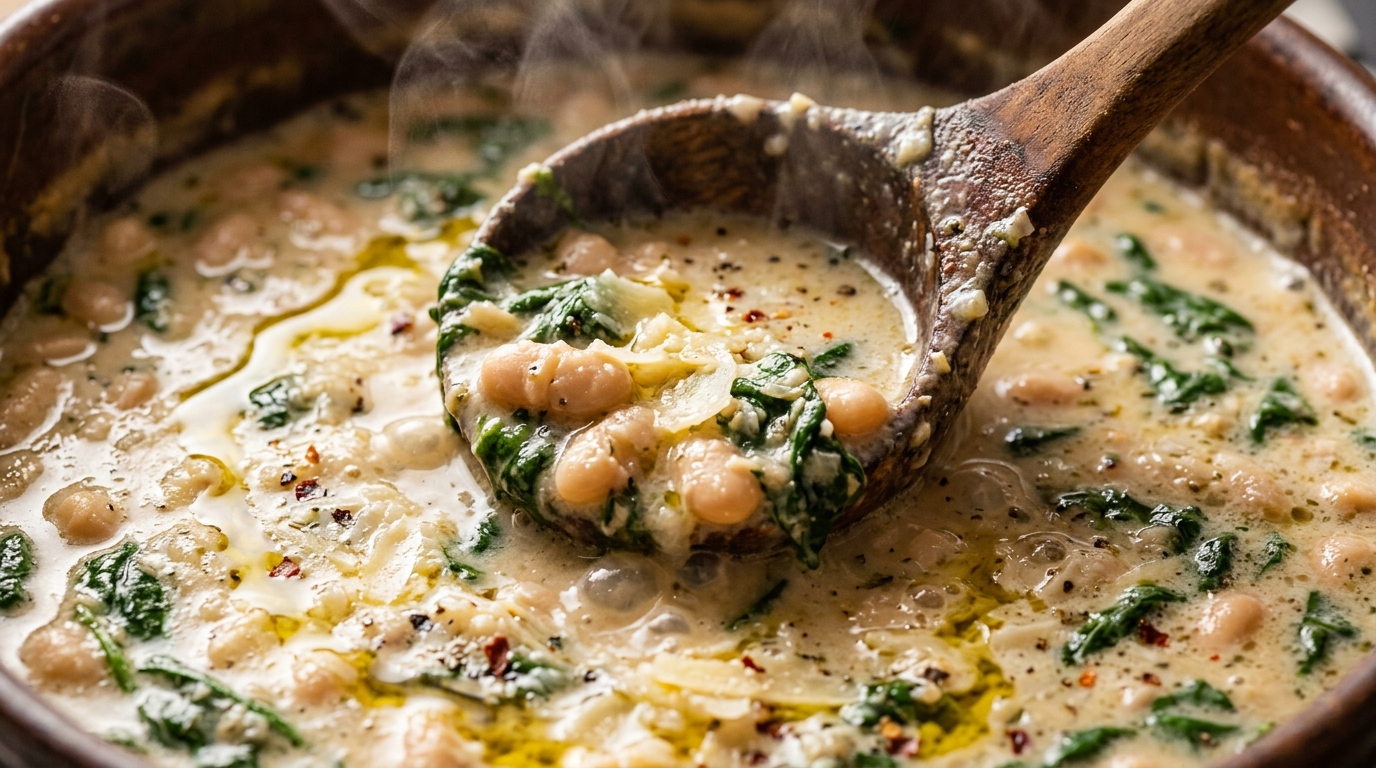 Ultra close-up macro of ladle scooping simmering creamy Tuscan white bean and spinach soup with garlic cream broth and grated parmesan